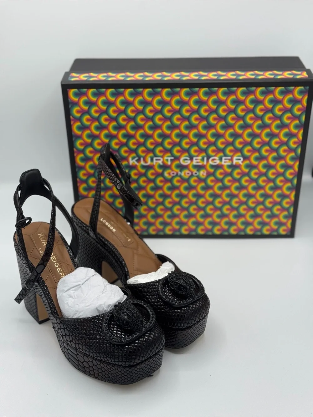 Kurt Geiger Black Textured Platform Slingback Heels